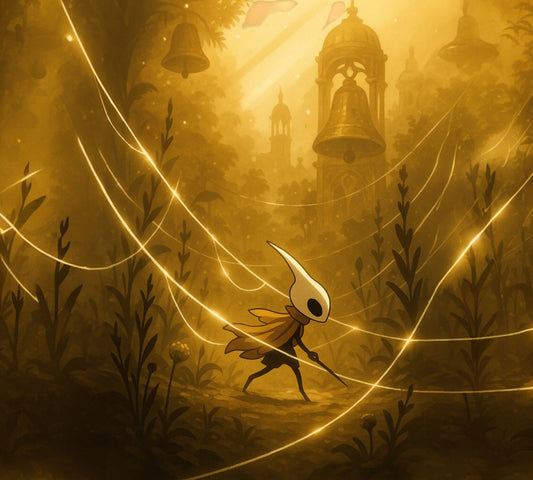 Golden bell towers and silk bridges of Pharloom glowing in candlelight, representing the living world of Silksong.