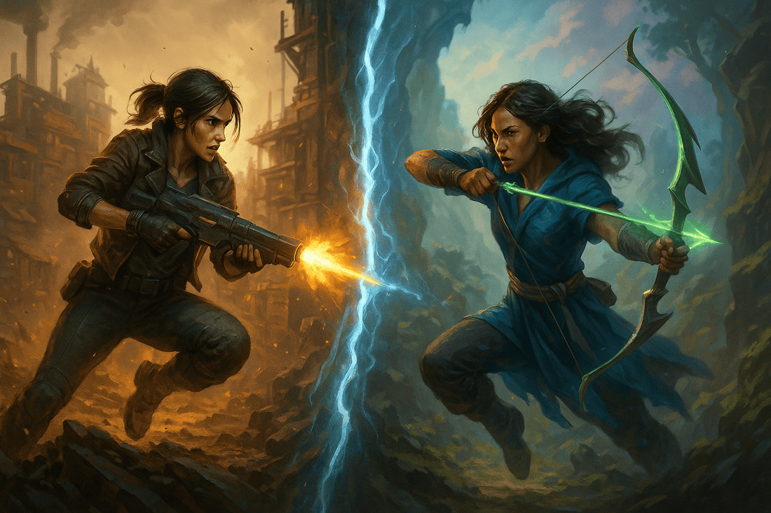 Two female protagonists from Split Fiction face each other across a glowing rift, one in an industrial world with a rifle and the other in a mystical world with a bow.