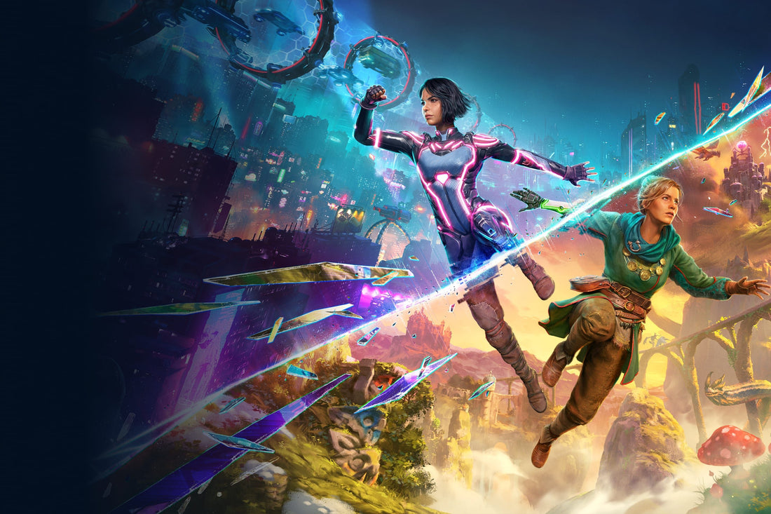 Dynamic split-screen art of characters from a fantasy game, showcasing vibrant colors and action-packed scenes.