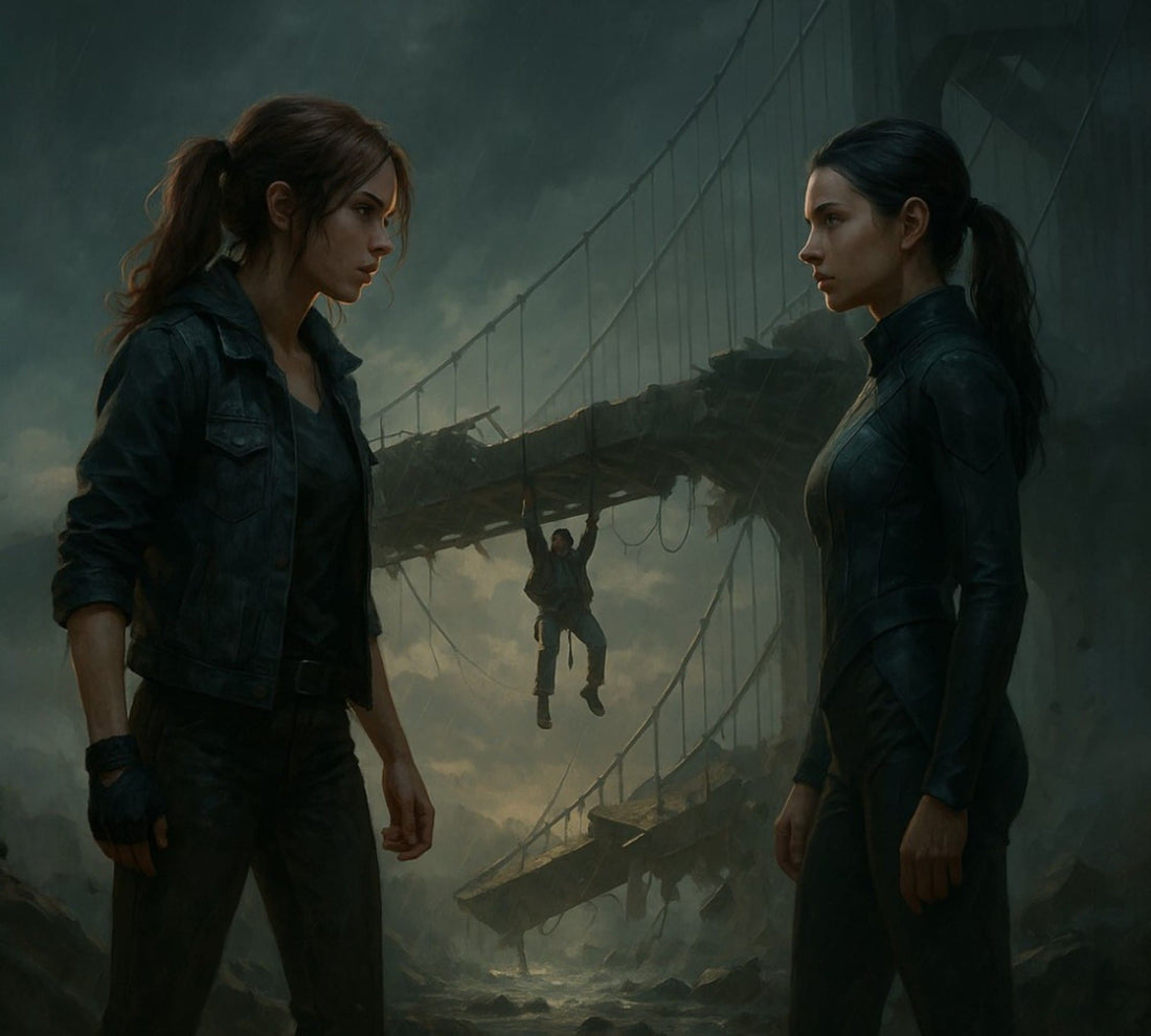 Co-op scene with two players confronting each other on a collapsing bridge inspired by Split Fiction, symbolizing trust, tension and conflicting choices