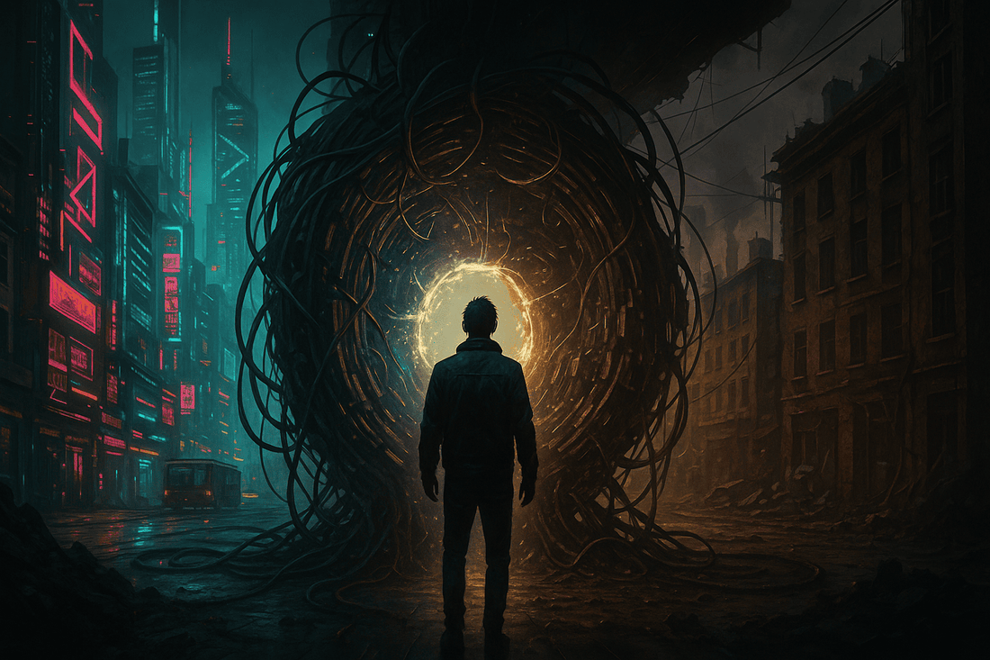 Cinematic digital artwork of a lone figure standing before a glowing portal dividing two contrasting worlds—one neon and futuristic, the other decayed and analog