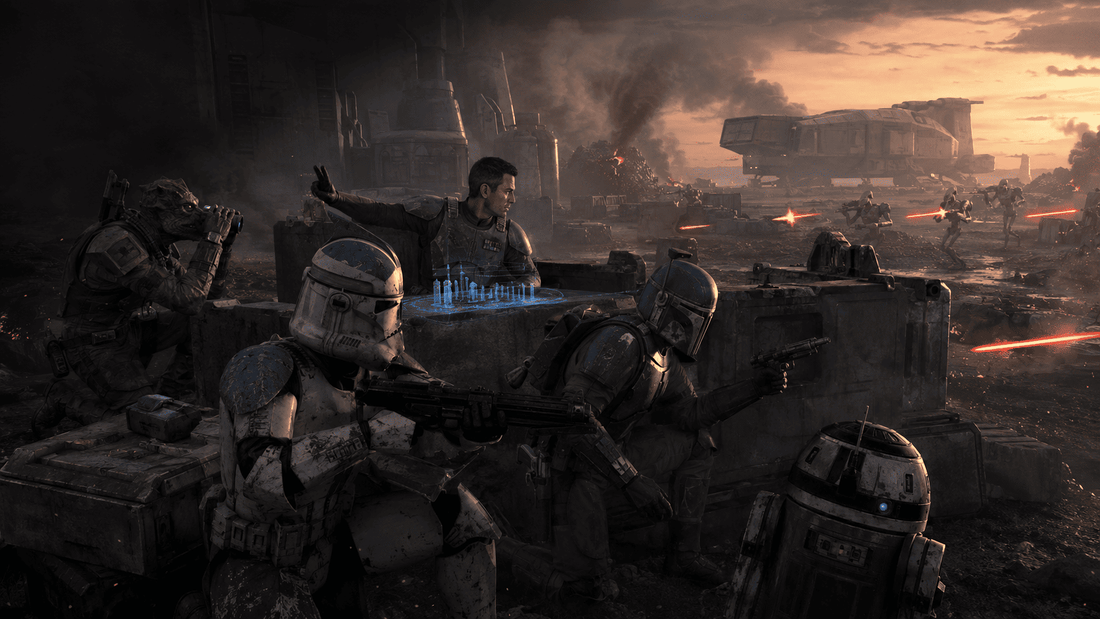 Star Wars Zero Company squad taking cover behind barricades during a Clone Wars battle
