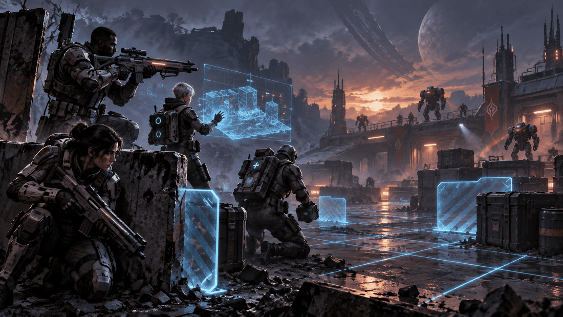 Sci-fi tactical squad using cover and coordinated attacks in a turn-based battlefield inspired by Star Wars Zero Company and XCOM.