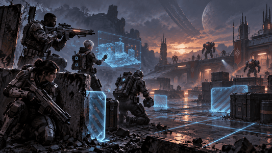 Sci-fi tactical squad using cover and coordinated attacks in a turn-based battlefield inspired by Star Wars Zero Company and XCOM.