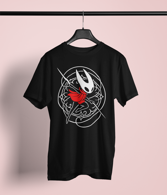 Front view of black Silksong inspired graphic t-shirt featuring Hornet mask and red silk thread design from Pharloom
