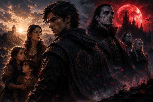 Cinematic dark fantasy artwork inspired by The Blood of Dawnwalker characters, showing Coen between his family and vampire lords.
