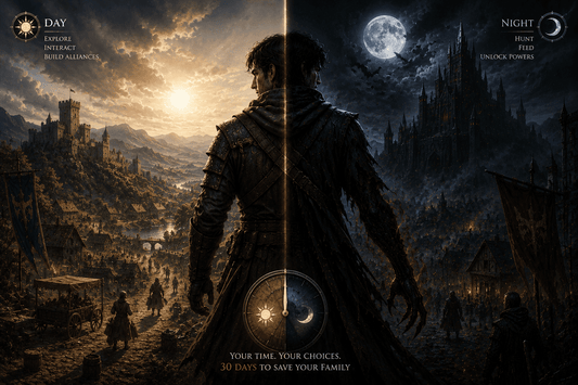 Cinematic dark fantasy artwork inspired by The Blood of Dawnwalker day and night system, showing Coen split between human daylight and vampire night.