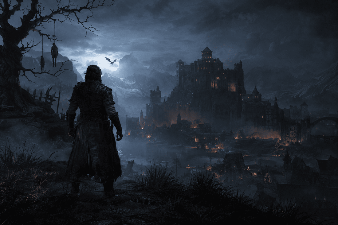 Realistic dark fantasy scene inspired by The Blood of Dawnwalker Guide, showing Coen overlooking Vale Sangora at night.