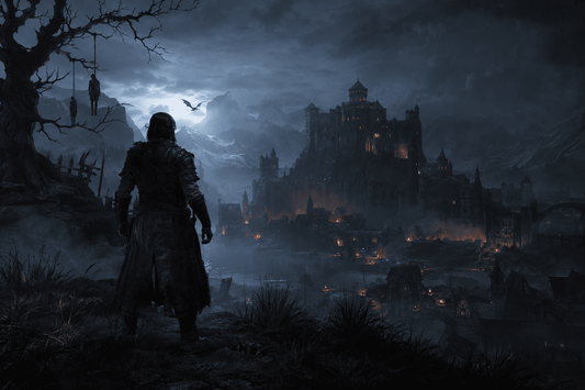 Realistic dark fantasy scene inspired by The Blood of Dawnwalker Guide, showing Coen overlooking Vale Sangora at night.