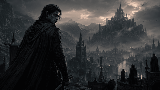 Cinematic dark fantasy artwork inspired by The Blood of Dawnwalker lore, showing Coen overlooking Vale Sangora under vampire rule.
