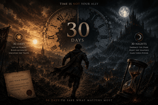 Cinematic dark fantasy artwork inspired by The Blood of Dawnwalker time limit, showing Coen racing across Vale Sangora as time runs out.