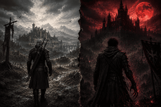 Dark fantasy comparison artwork inspired by The Blood of Dawnwalker and The Witcher 3, showing two contrasting worlds, heroes and paths shaped by monsters and choices.