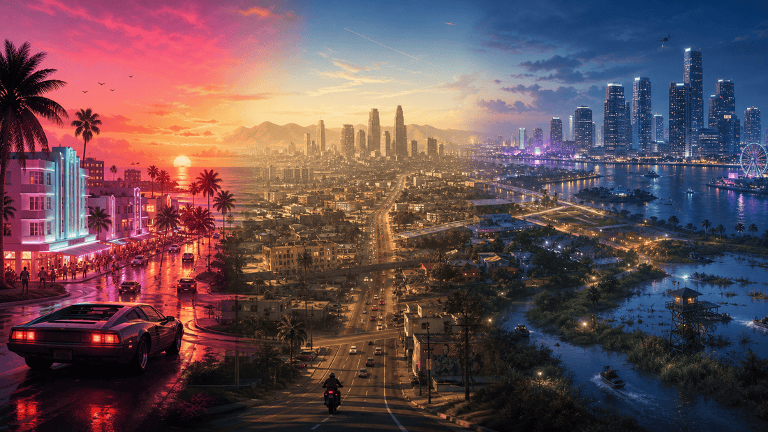 The history of GTA shown through a cinematic evolution from Vice City and San Andreas to a modern GTA 6-inspired skyline