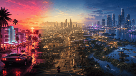 The history of GTA shown through a cinematic evolution from Vice City and San Andreas to a modern GTA 6-inspired skyline