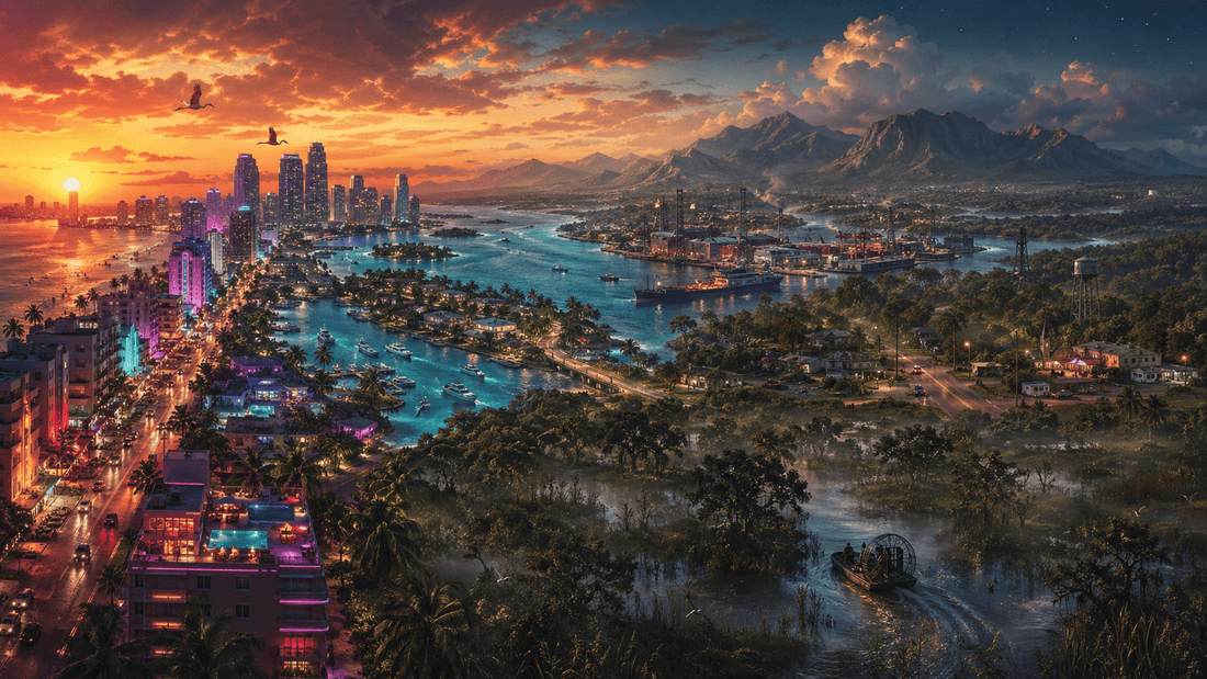 Vice City and Leonida in GTA 6 with neon skyline, Keys-style waterways, swamps, industrial port, and Mount Kalaga-inspired landscape