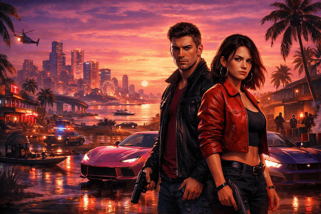 Cinematic GTA 6 inspired blog banner showing a neon-soaked Vice City at sunset with palm trees, luxury cars, glowing streets, coastline, and a tense man and woman standing in the foreground