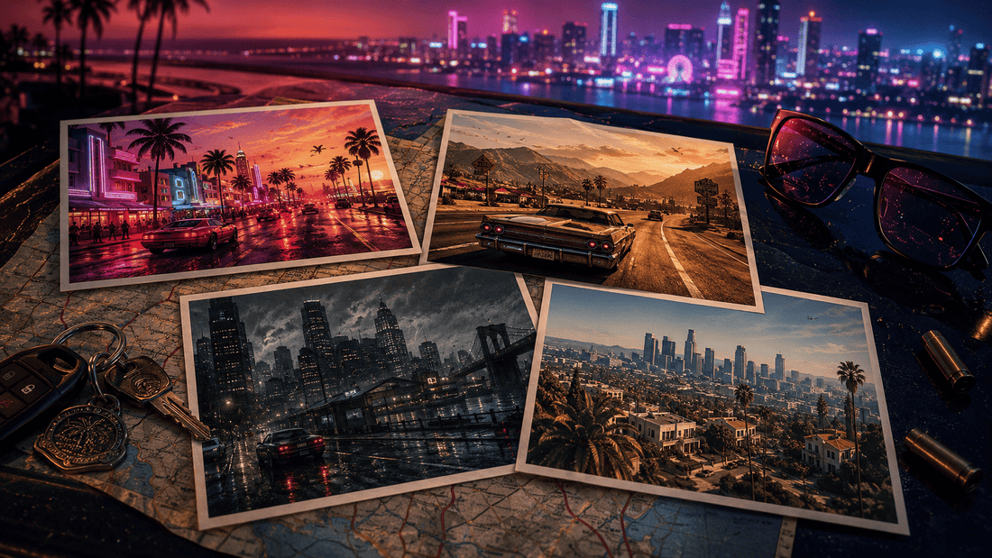 What to play before GTA 6 shown as a cinematic road-trip memory board with Vice City, San Andreas, GTA IV, and GTA V-inspired worlds