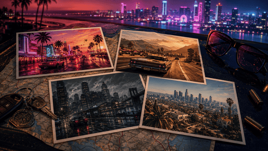 What to play before GTA 6 shown as a cinematic road-trip memory board with Vice City, San Andreas, GTA IV, and GTA V-inspired worlds