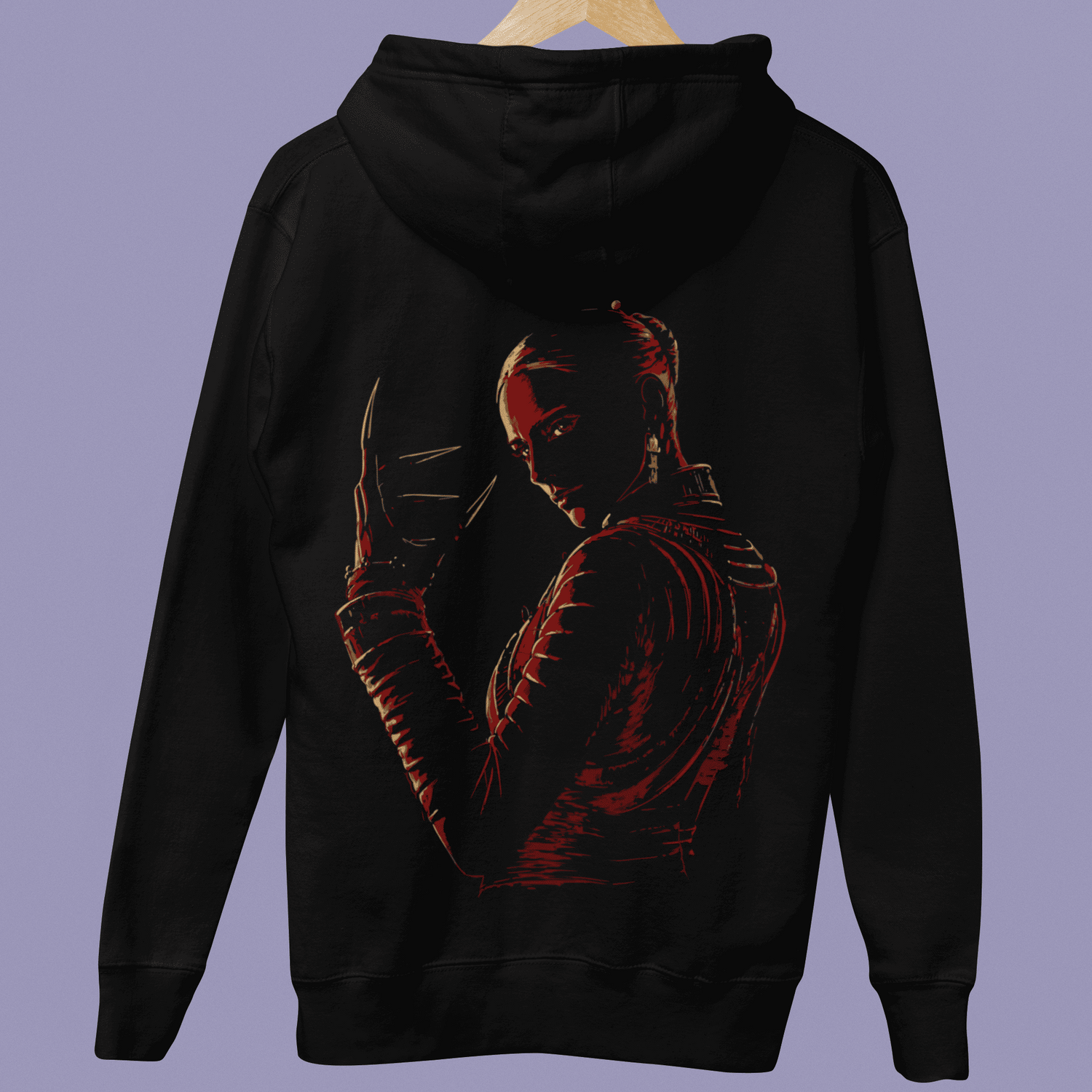 Back hanging view of The Blood of Dawnwalker Lacra-Inspired Hoodie with crimson Lacra silhouette artwork on black fabric.