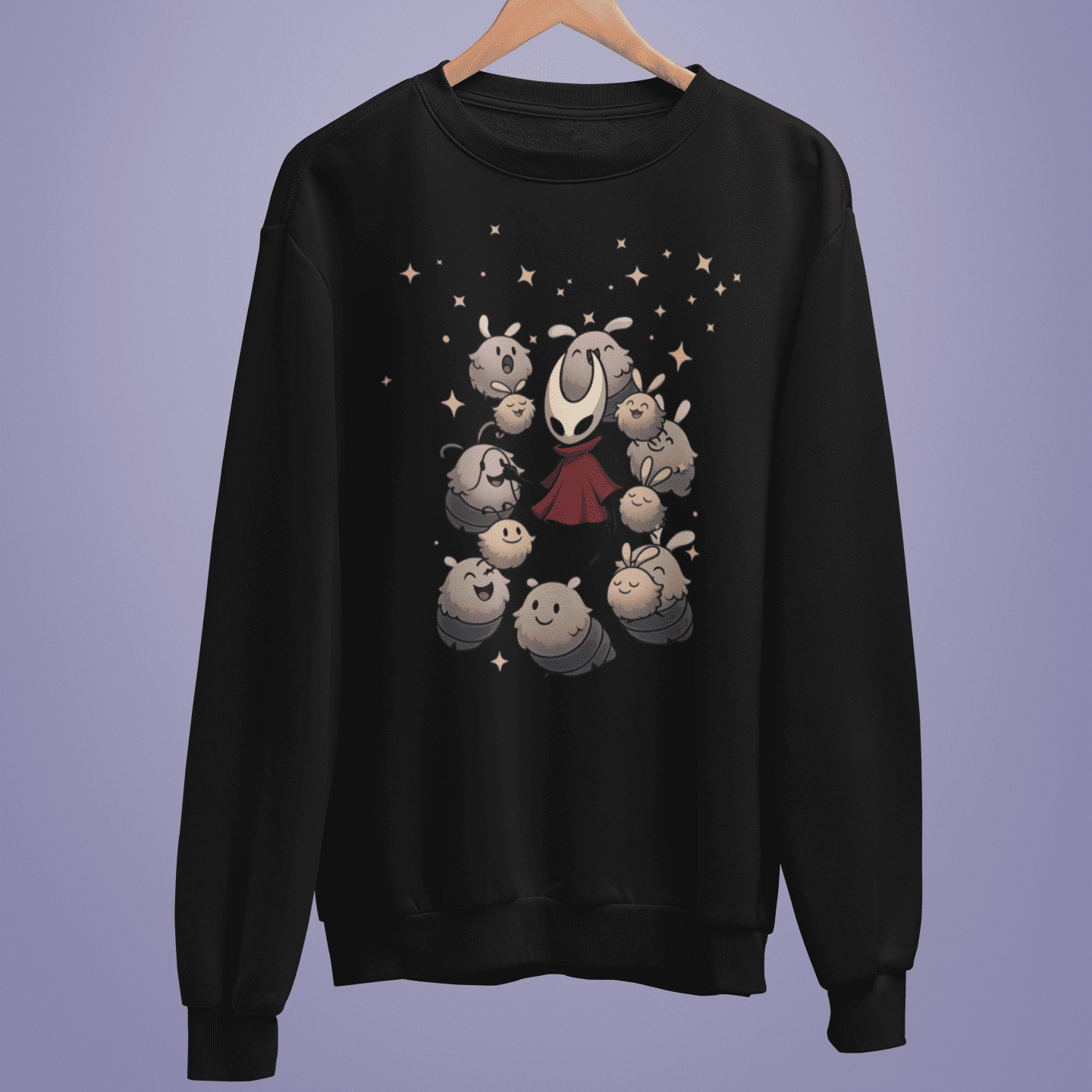 Front hanging view of Hornet Grubs Sweatshirt with Hornet and smiling grubs artwork on black fabric.