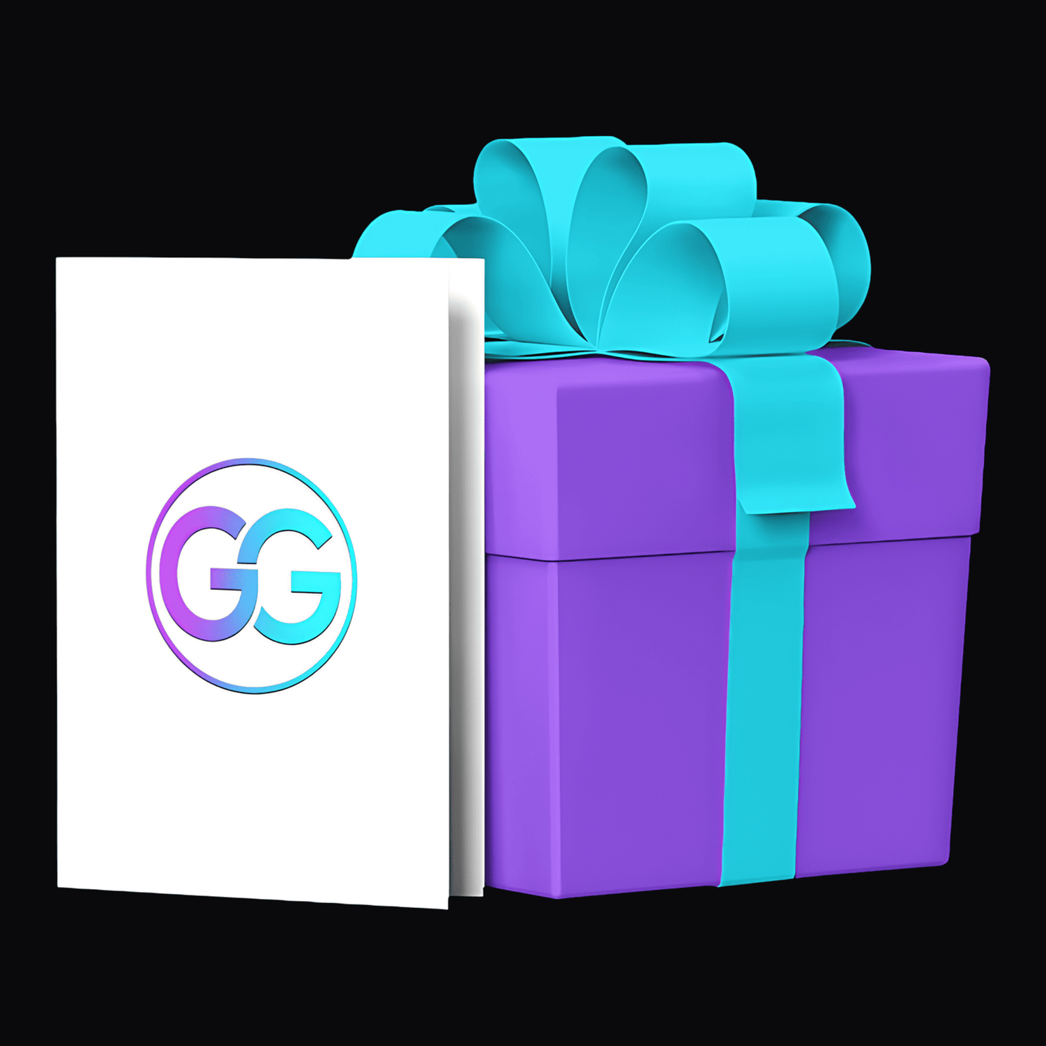 Digital gamer gift card displayed as a purple gift box with a blue ribbon and greeting card