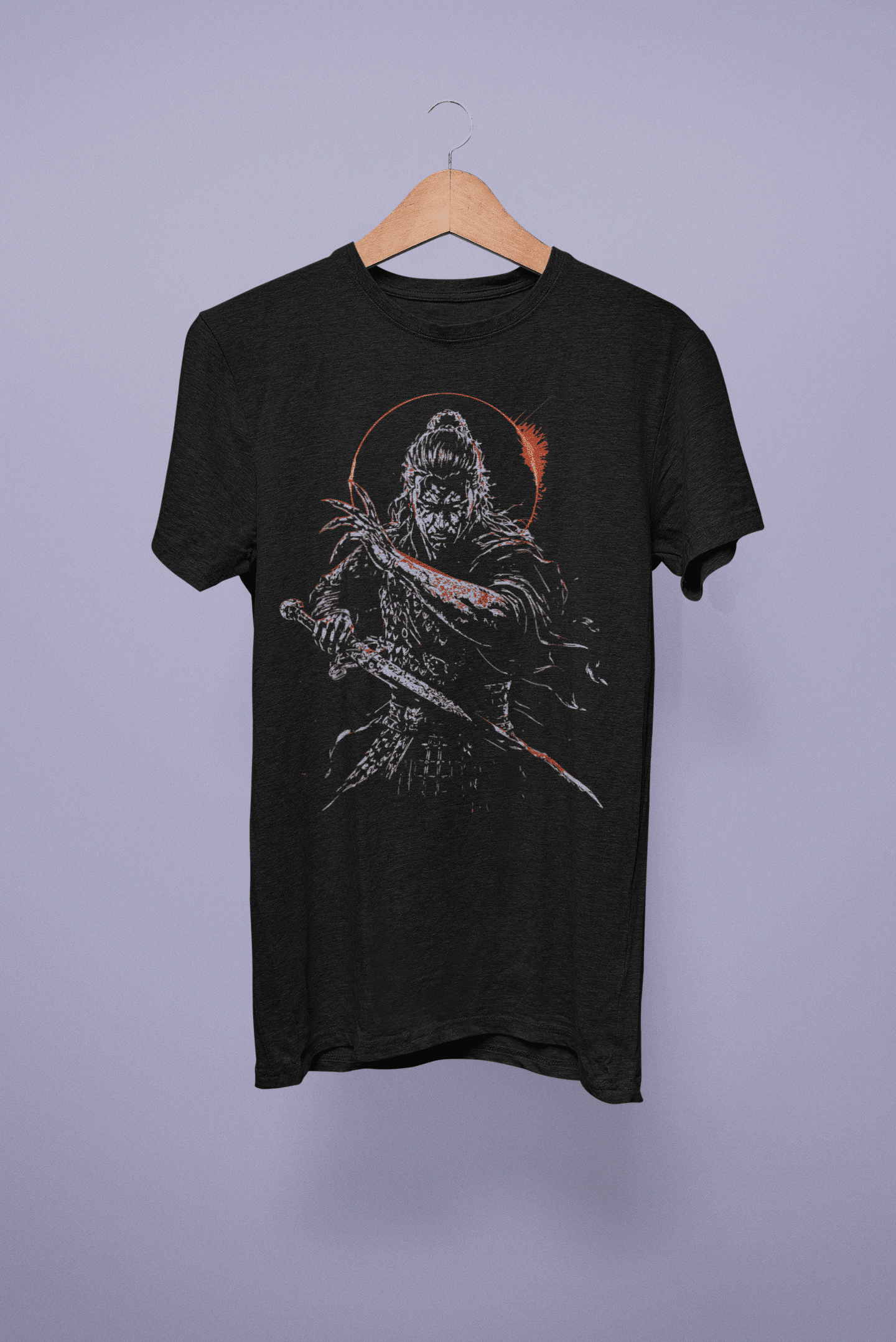 Front hanging view of The Blood of Dawnwalker Coen Sword T-Shirt with Coen sword artwork on black fabric.