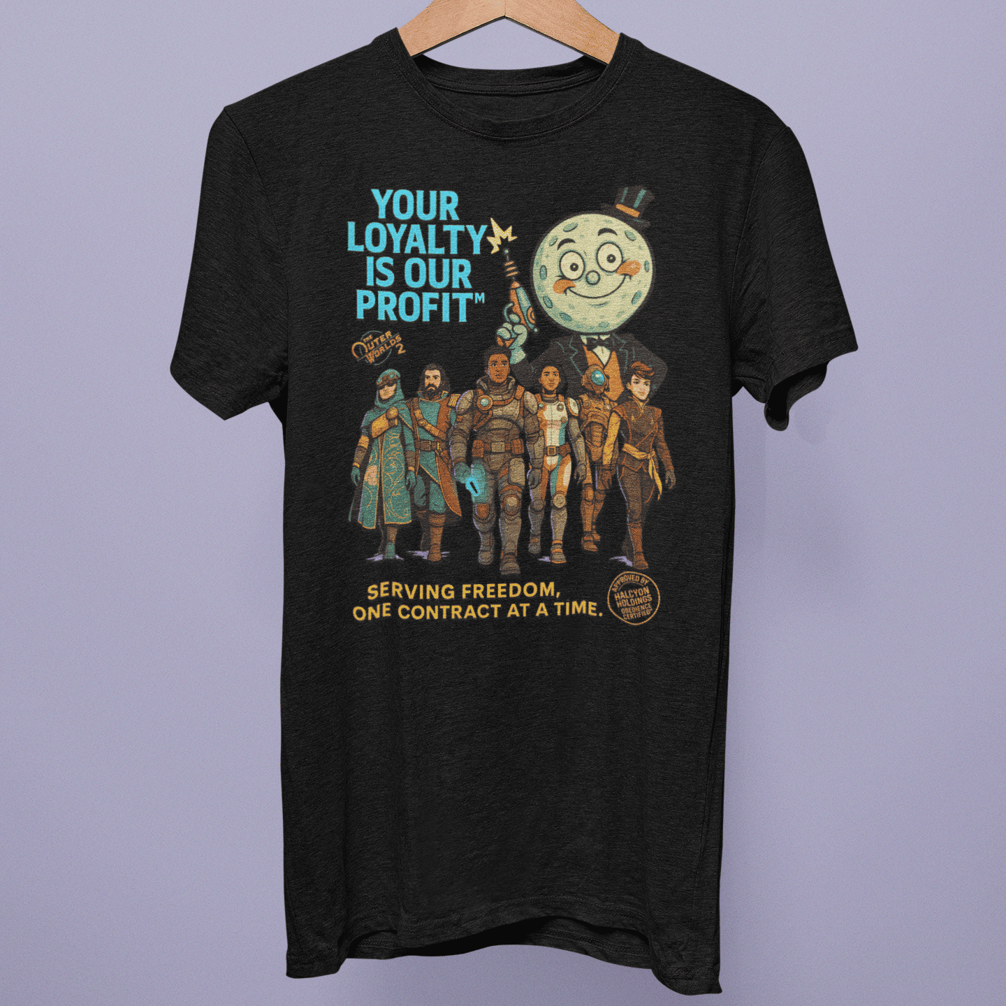 Front view of the The Outer Worlds 2 Collection T-shirt on a hanger, showing “Your Loyalty Is Our Profit” crew artwork on black fabric.
