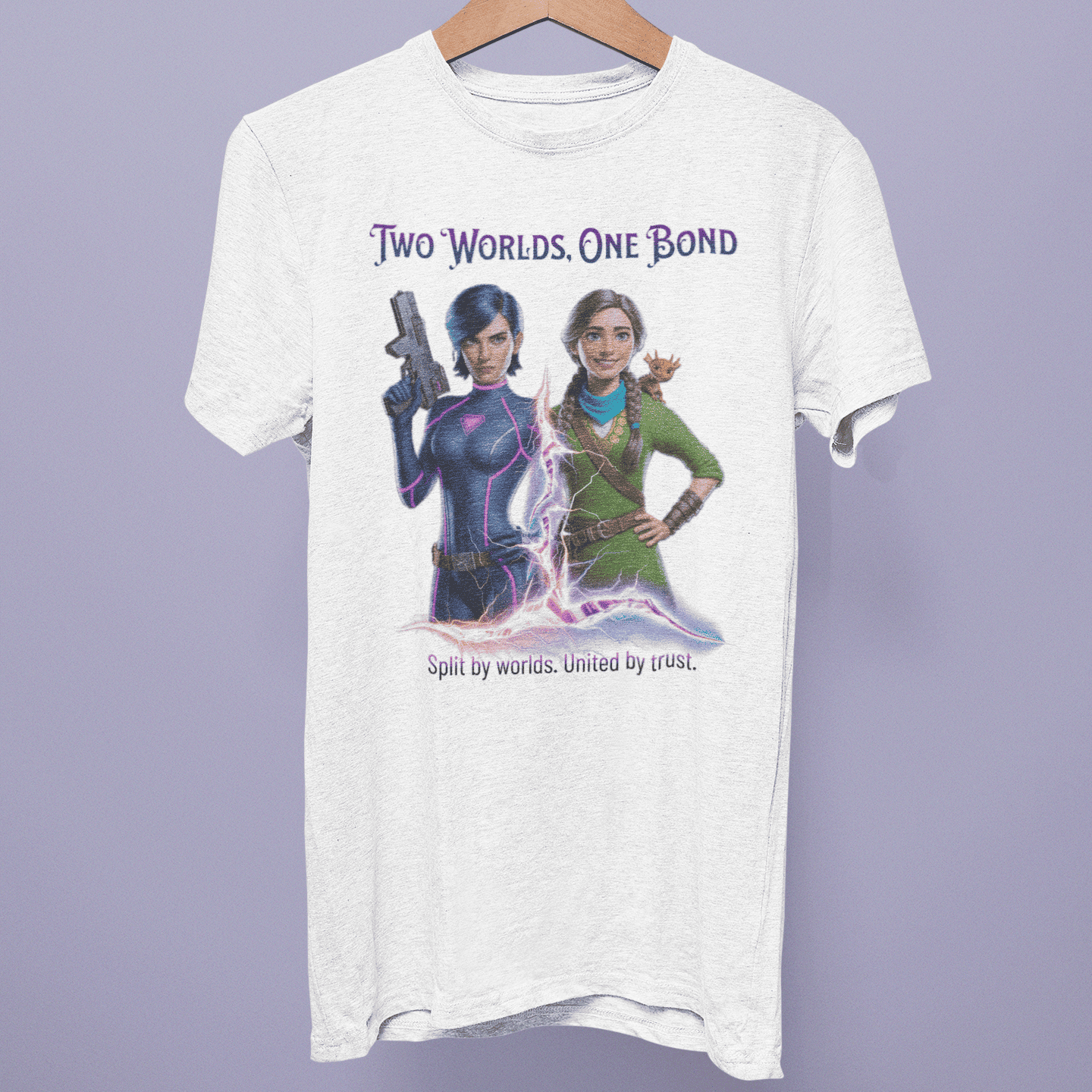 Front view of the Split Fiction Collection T-shirt on a hanger, showing “Two Worlds, One Bond” character artwork on white fabric.
