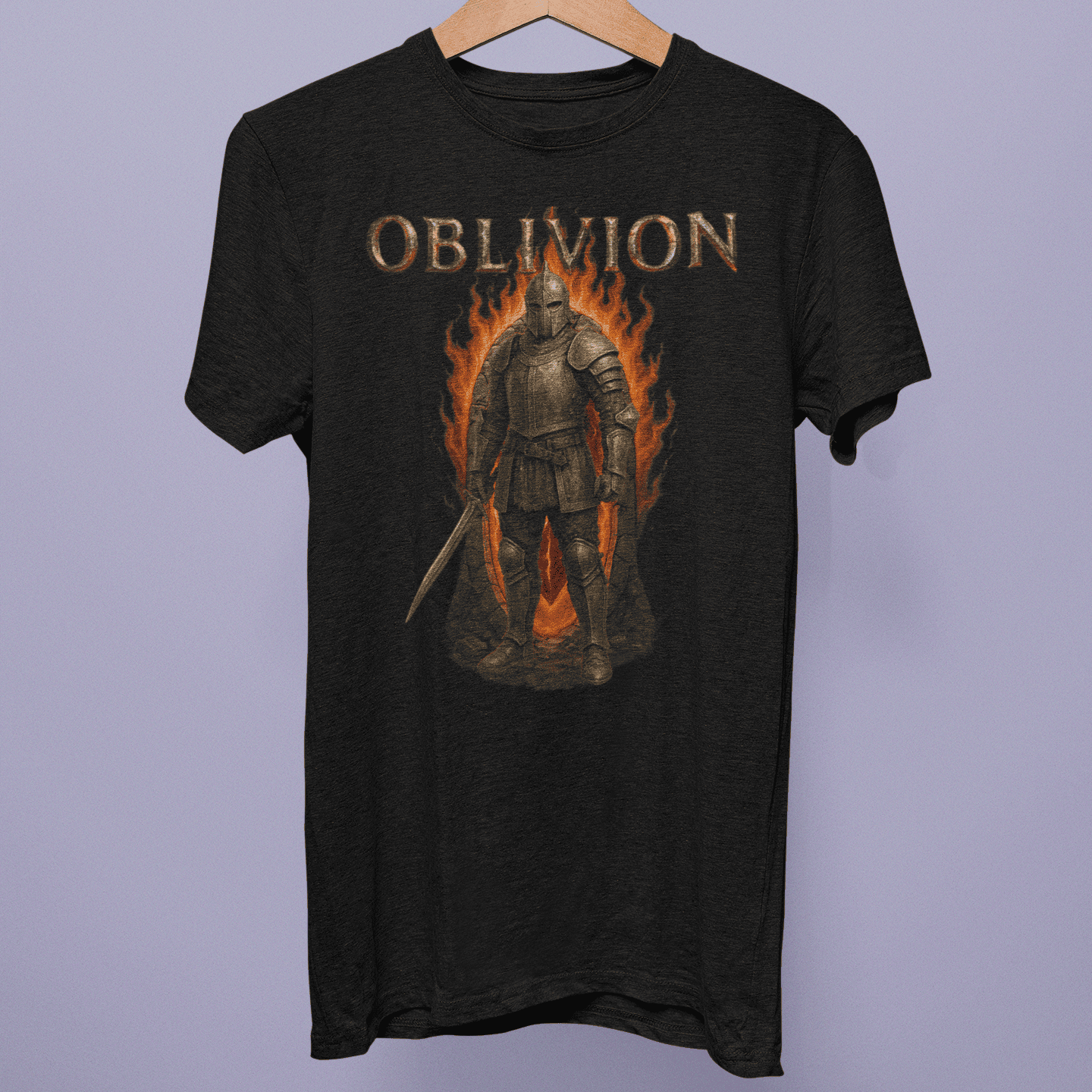 Front view of the The Elder Scrolls Oblivion Collection T-shirt on a hanger, showing Oblivion armored warrior artwork with flames on black fabric.