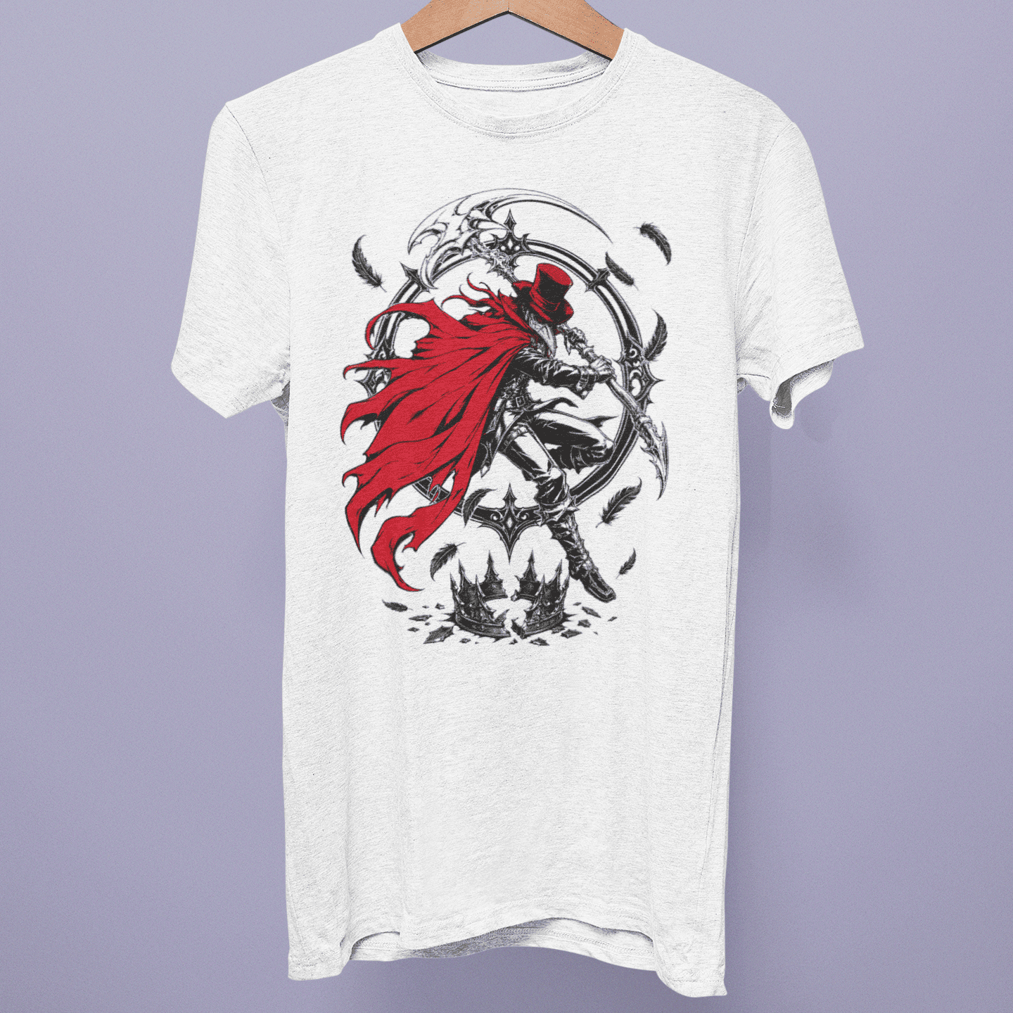 Front view of the Crowsworn Collection T-shirt on a hanger, showing red cloak and scythe artwork on white fabric.