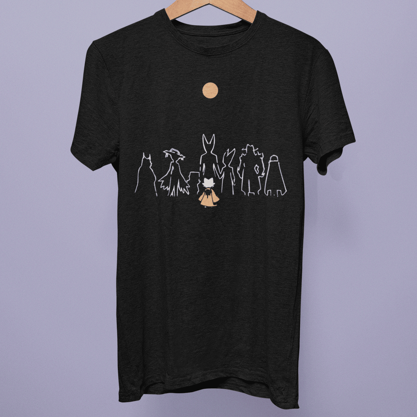 Front view of the Nine Sols Collection T-shirt on a hanger, showing character silhouette artwork beneath a gold moon on black fabric.