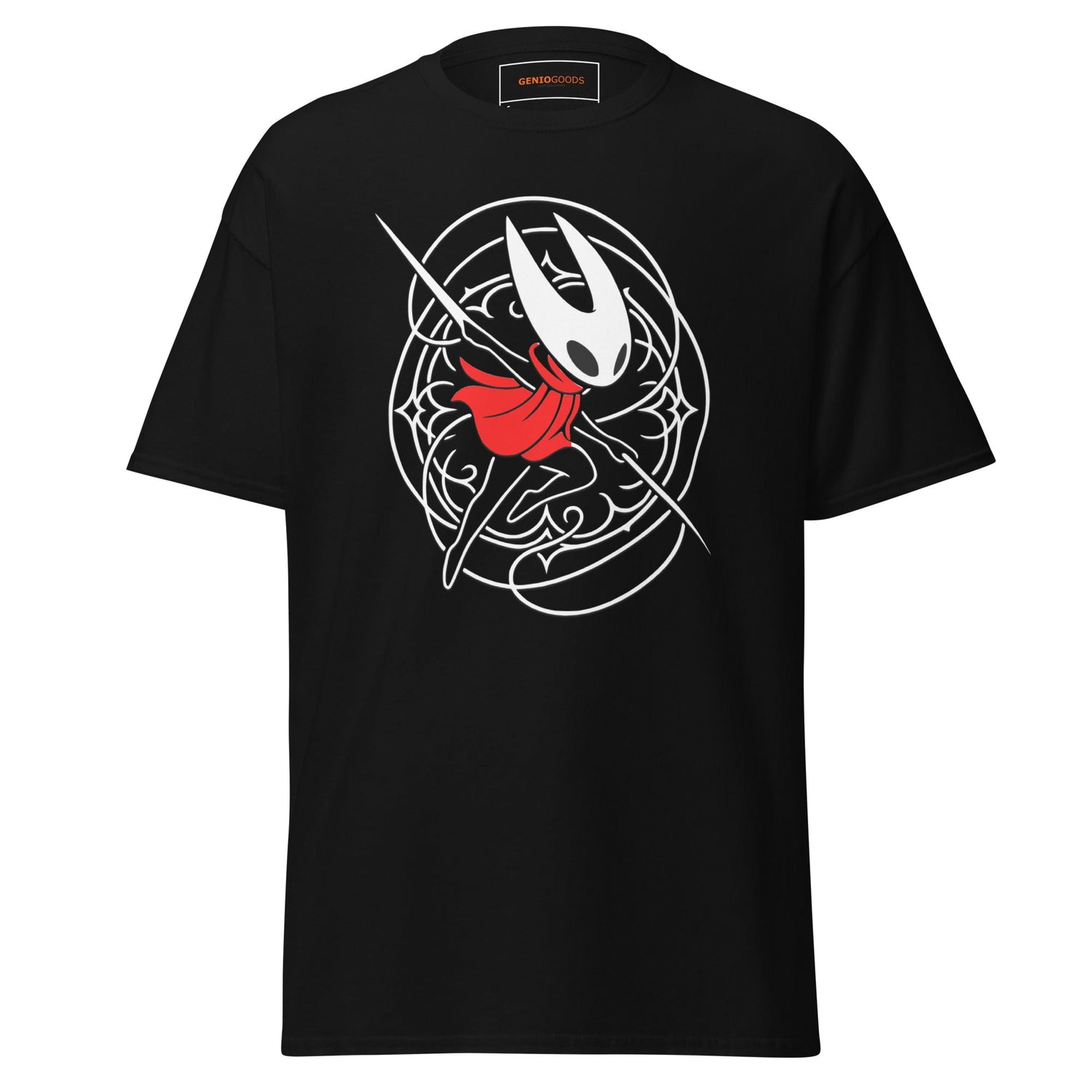Black Hollow Knight Silksong graphic t-shirt featuring Hornet with needle and web pattern design.