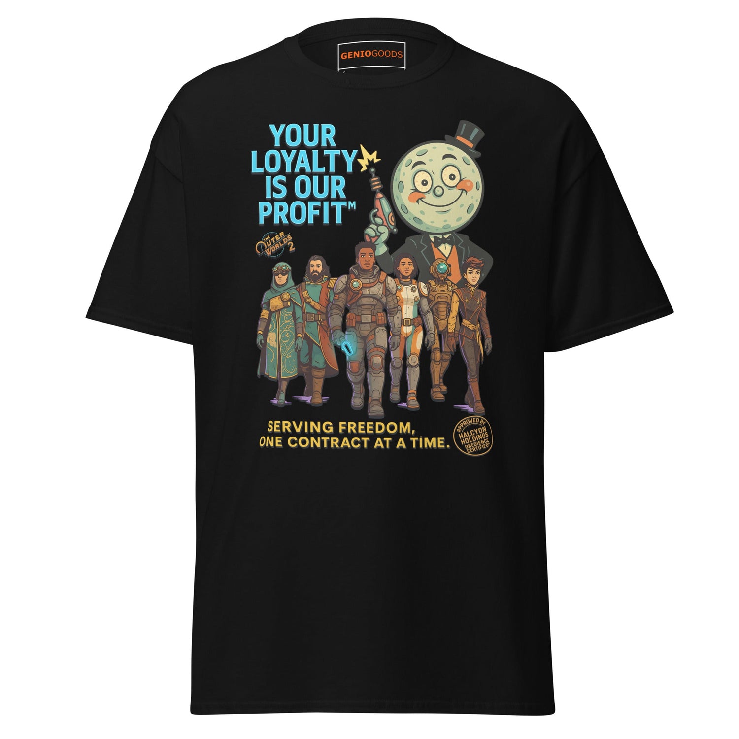 The Outer Worlds 2 t-shirt featuring corporate slogan “Your loyalty is our profit” with sci-fi characters in a dystopian space setting