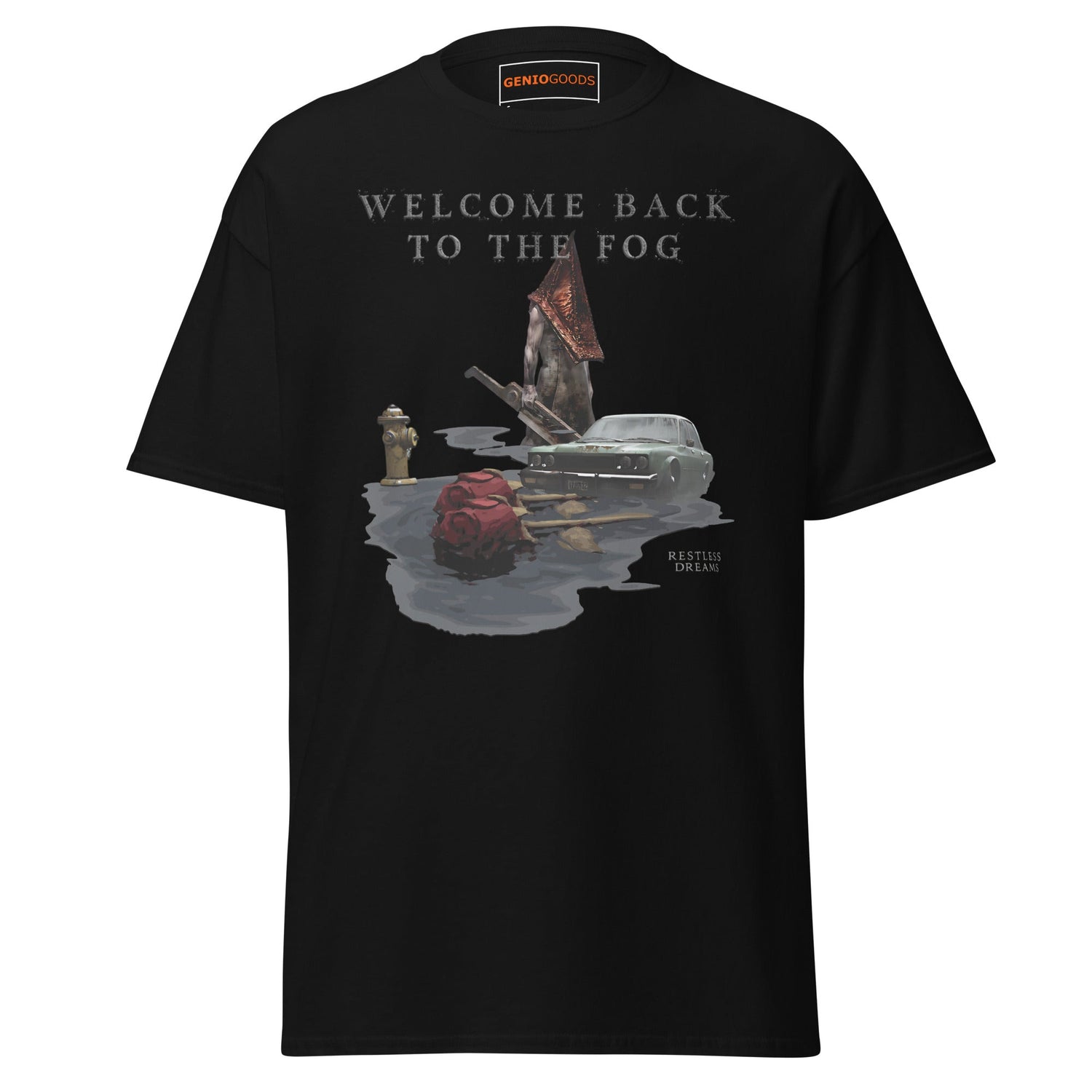 Silent Hill t-shirt featuring “Welcome back to the fog” design with Pyramid Head, abandoned car and foggy horror atmosphere