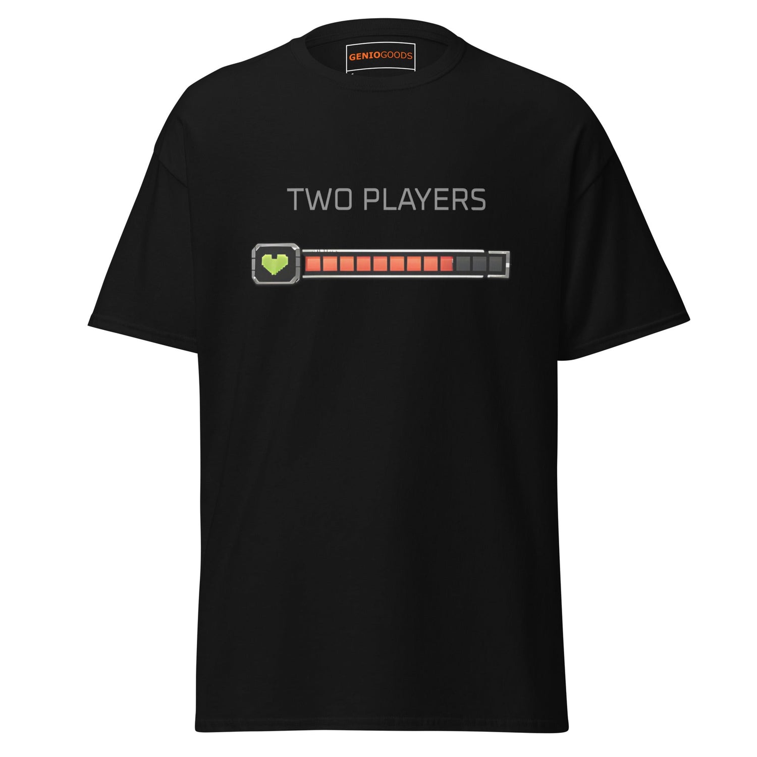 Black t-shirt with “Two Players” text and health bar design symbolizing co-op gameplay and playing together