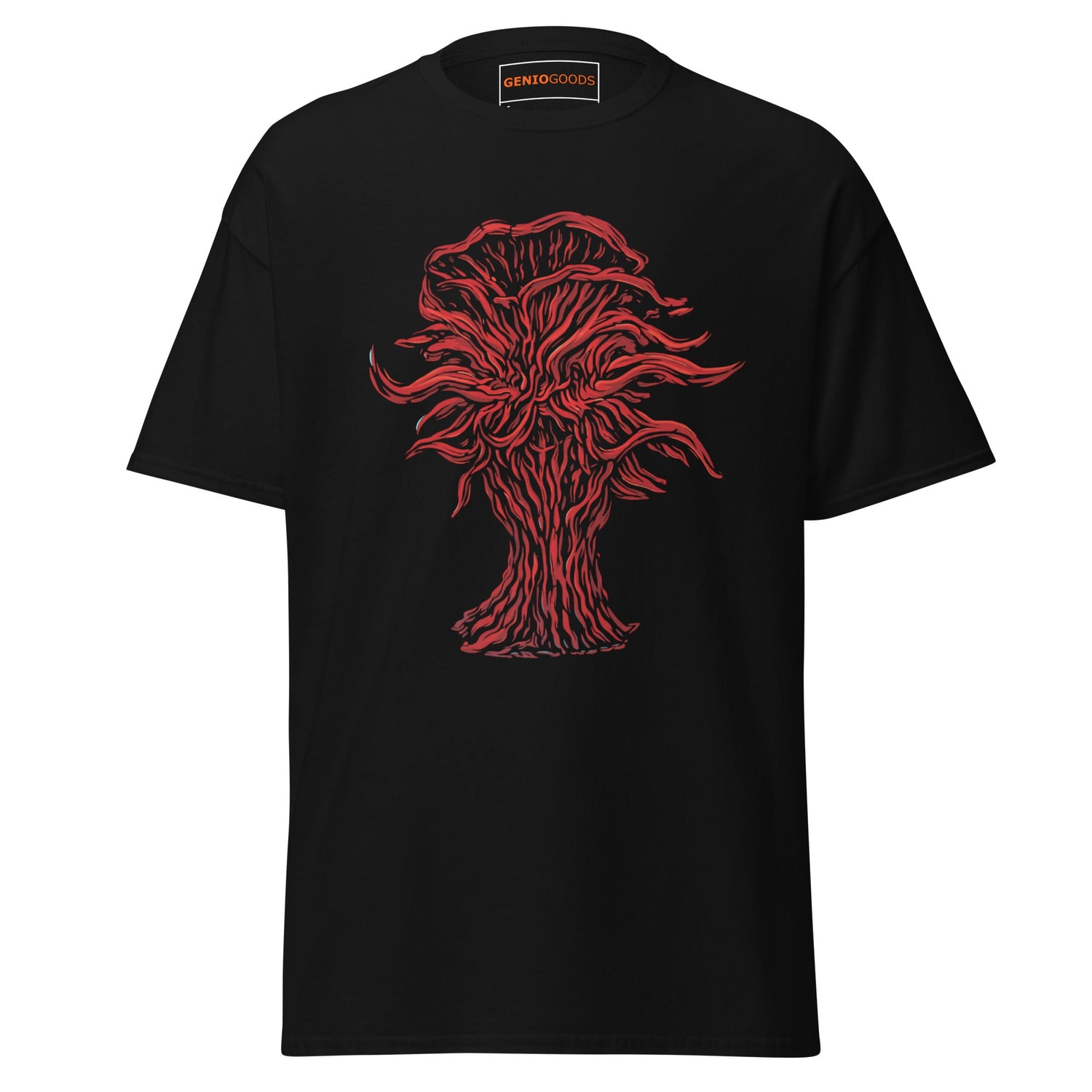 Enshrouded t-shirt featuring the Elixir Well symbol in a red twisted tree design inspired by dark fantasy and ancient power