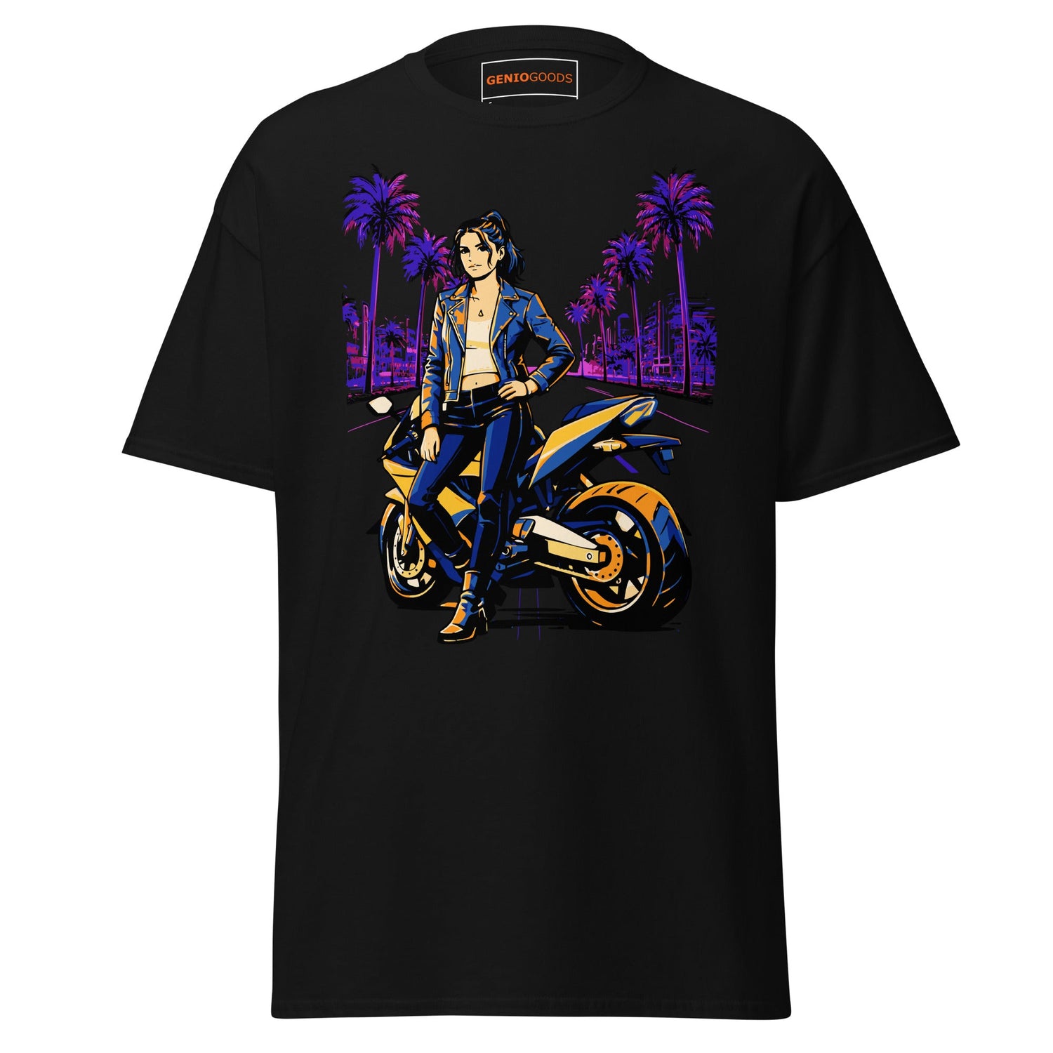 Grand Theft Auto inspired neon t-shirt featuring a retro car driving through palm-lined streets at sunset, with vibrant purple and pink Vice City style aesthetic