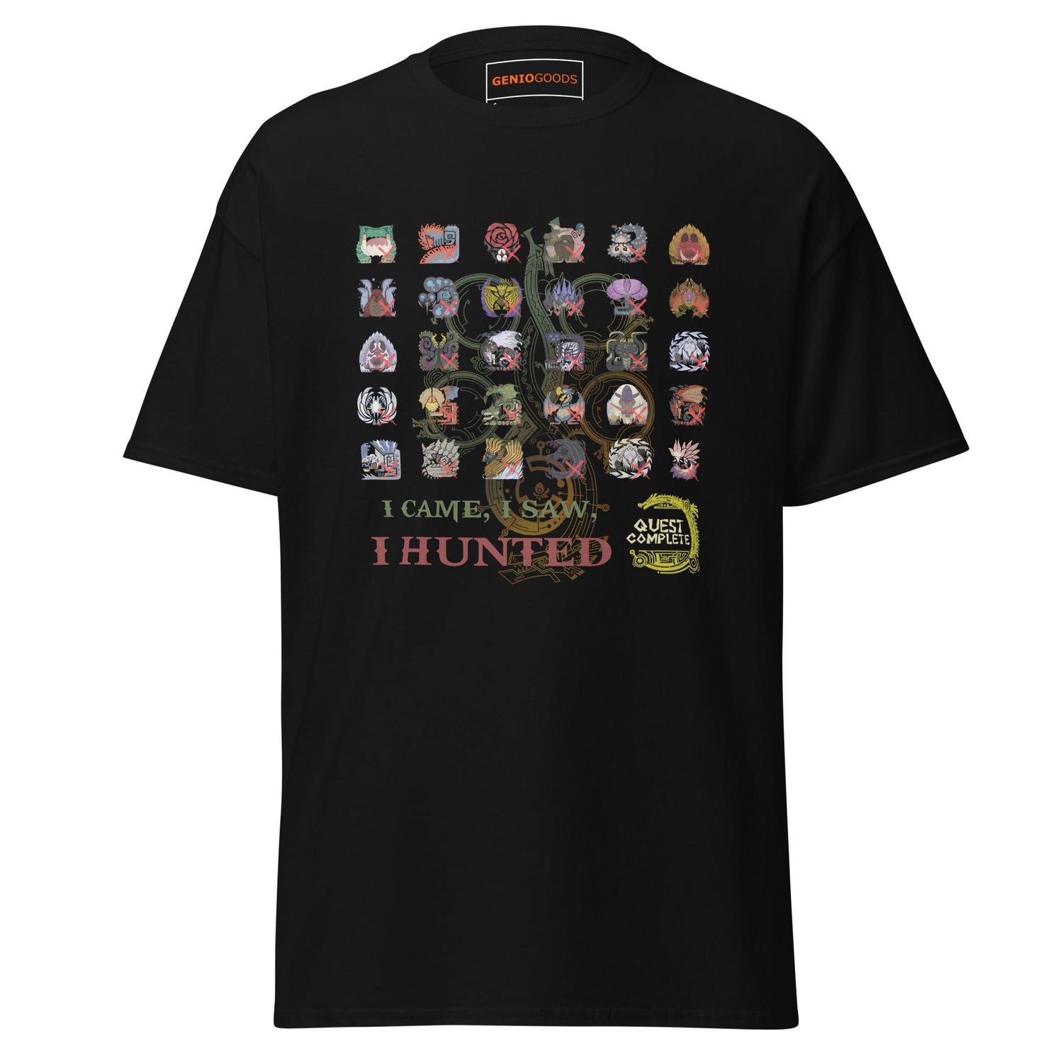 Monster Hunter Wilds t-shirt featuring iconic monsters grid design with hunter theme and bold graphic style
