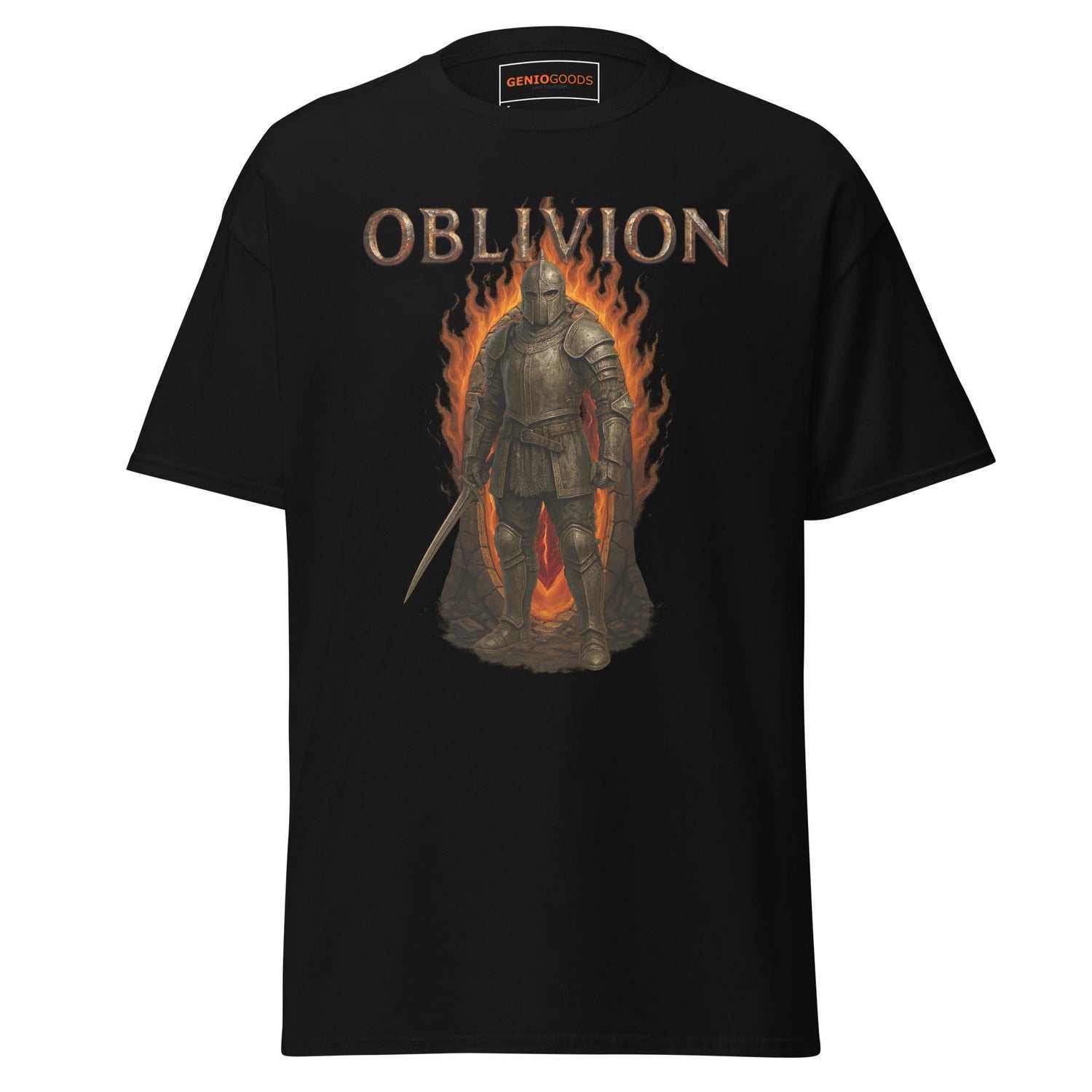 The Elder Scrolls Oblivion t-shirt featuring armored warrior surrounded by flames with dark fantasy design inspired by Tamriel