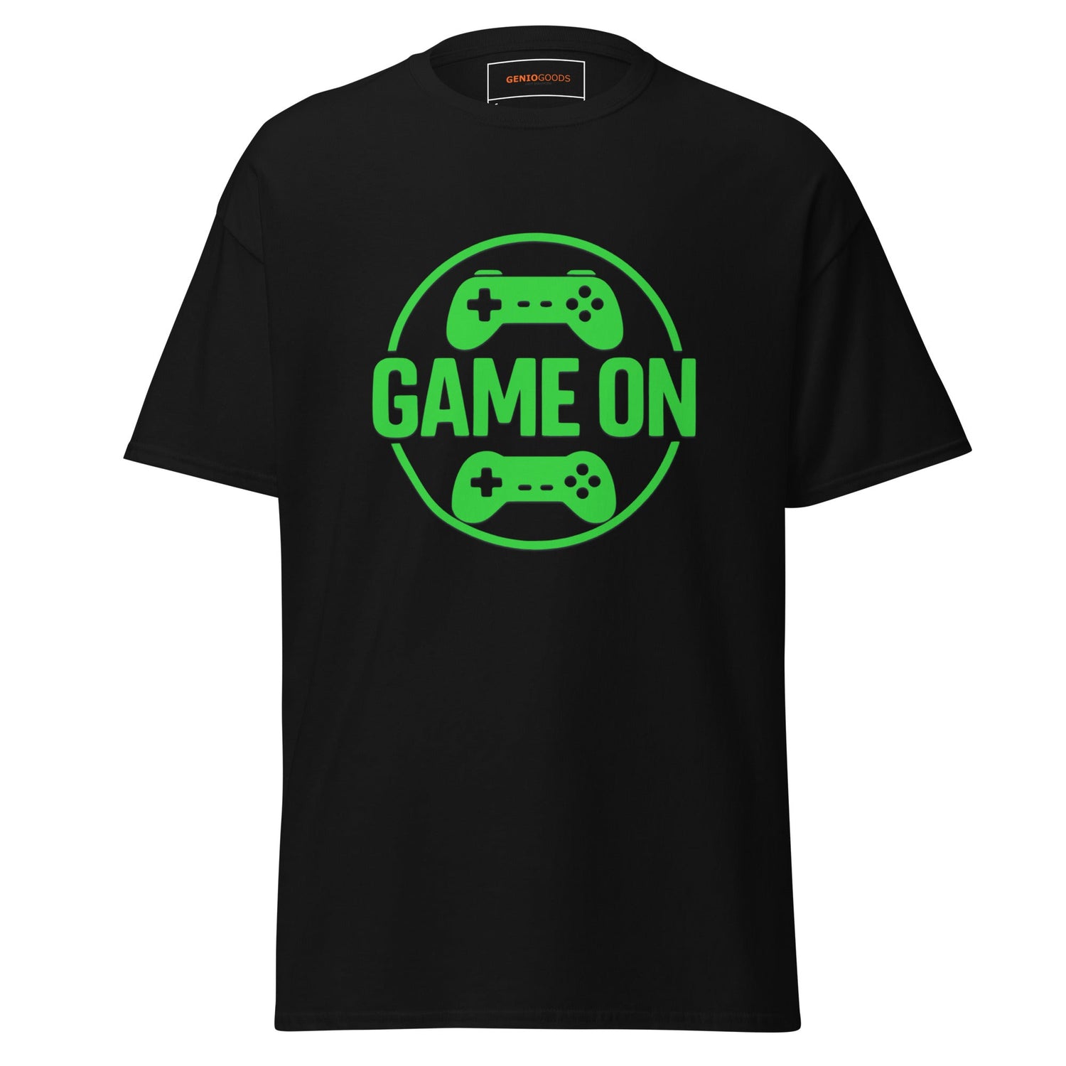 Gamer lifestyle t-shirt featuring “Game On” text with green controller design in minimal gaming style