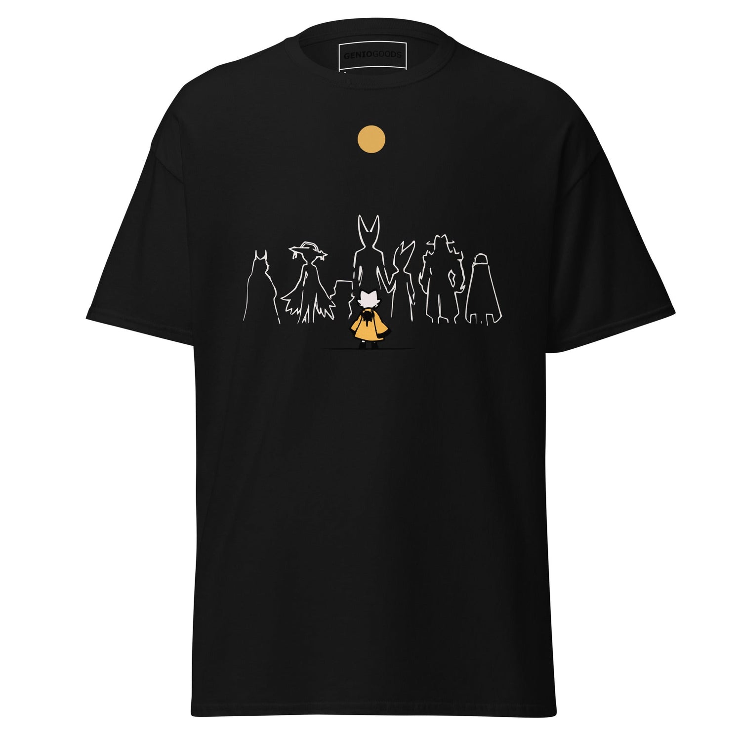 Nine Sols collection black t-shirt with minimalist character lineup design under a golden sun