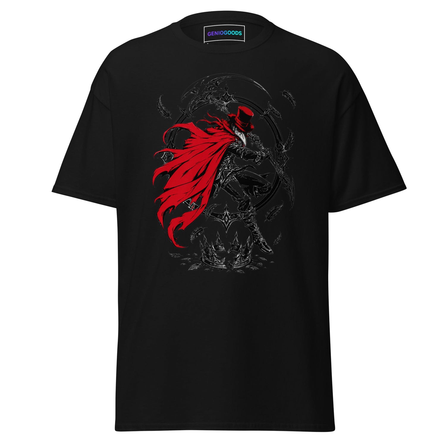 Black Crowsworn t-shirt featuring a dark gothic warrior with a flowing red cape surrounded by shadowy details