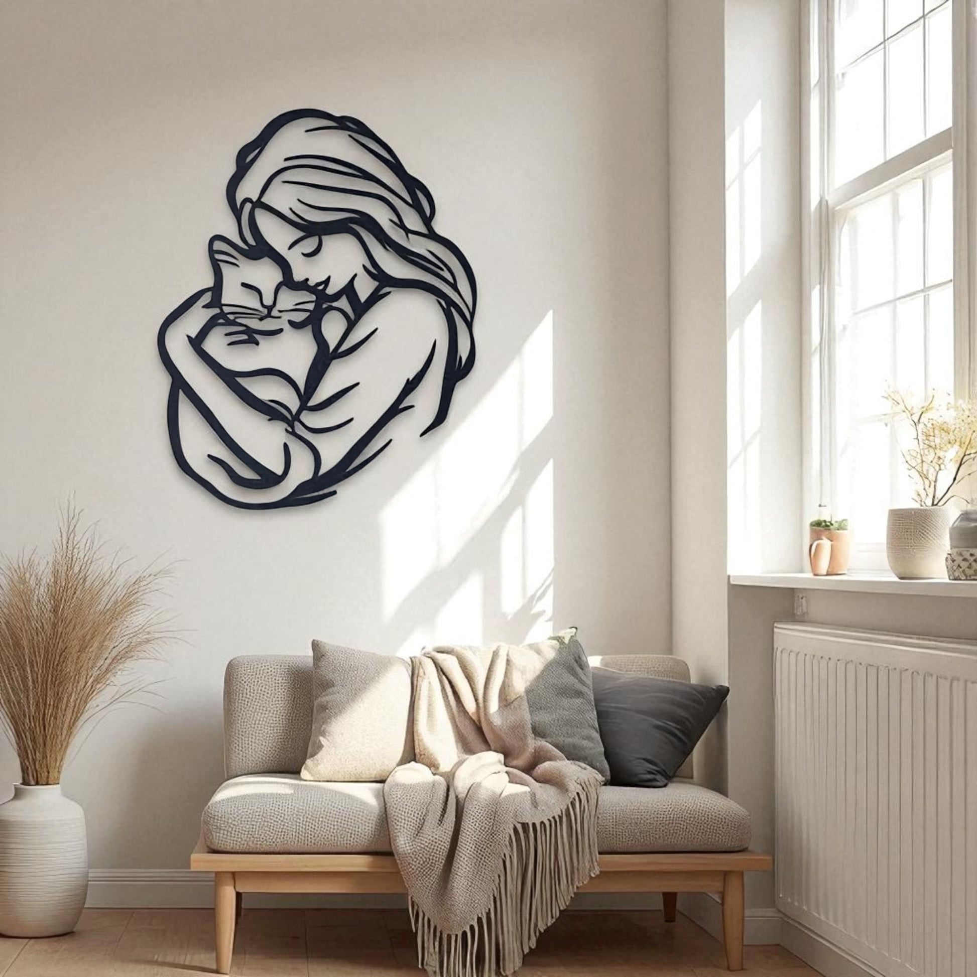 Cat Lover Metal Wall Art – Woman Hugging Cat Silhouette