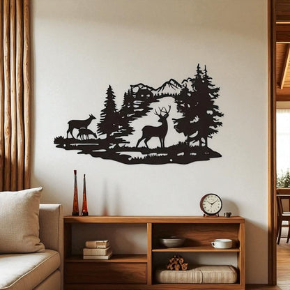 Deer Forest Silhouette Metal Wall Art – Rustic Cabin Home Decor