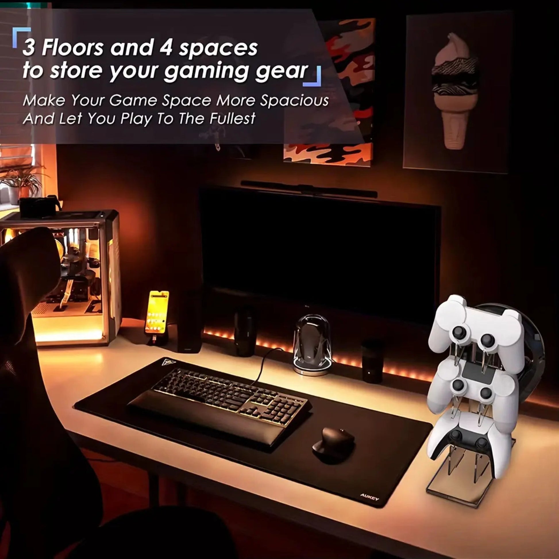 3-Layer Gaming Controller Stand - Headphone & Gamepad Storage