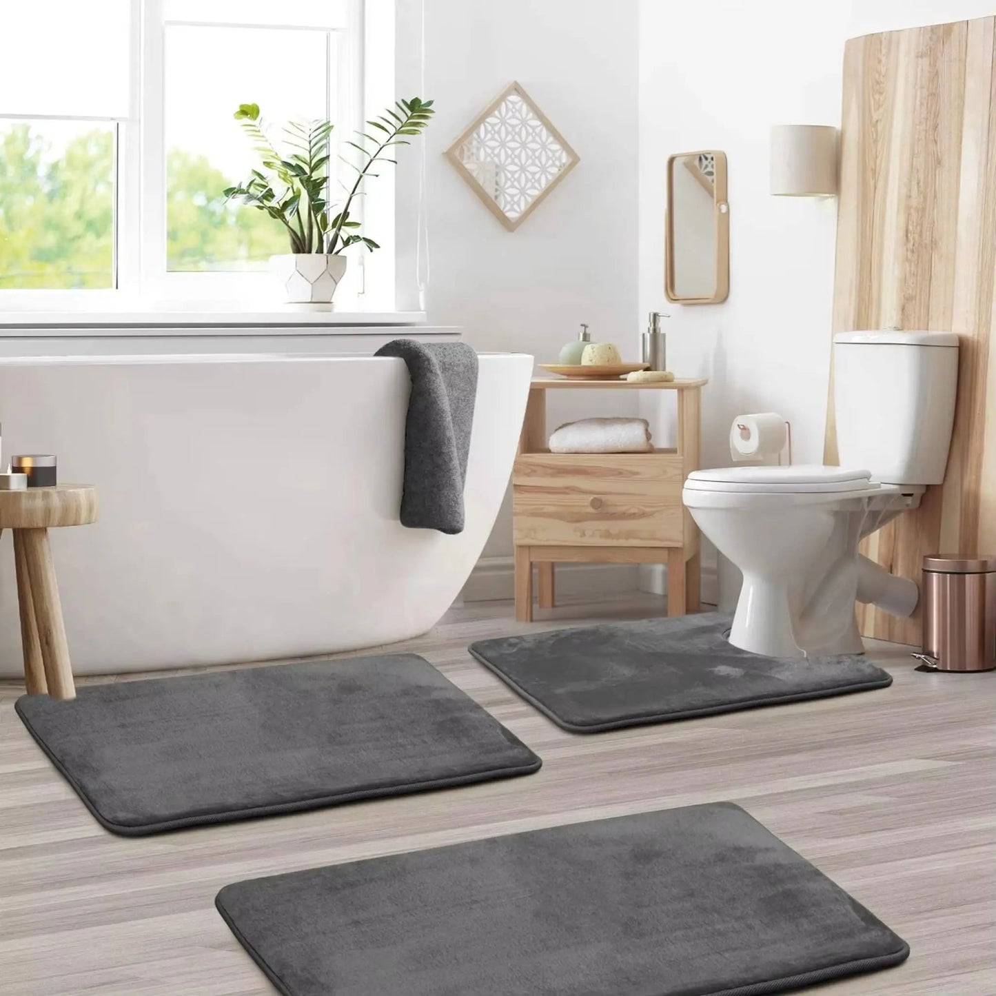 3PC Bathroom Rugs Set – Ultra-Soft Velvet Memory Foam Bath Mats, Non-Slip and Quick-Dry Geniogoods
