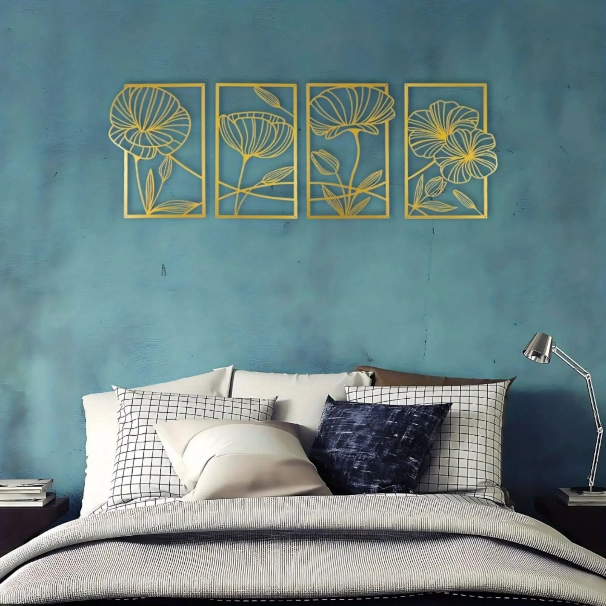 4-Piece Metal Lotus Wall Art – Minimalist Floral Line Decor Set  Geniogoods