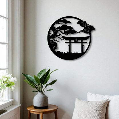 Torii Gate & Bonsai Tree Metal Wall Art – Japanese Samurai Decor