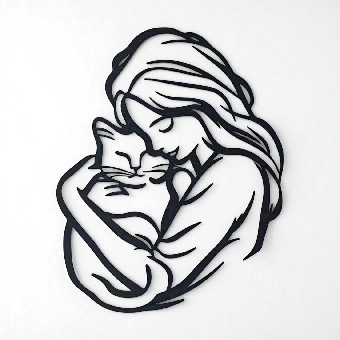 Cat Lover Metal Wall Art – Woman Hugging Cat Silhouette