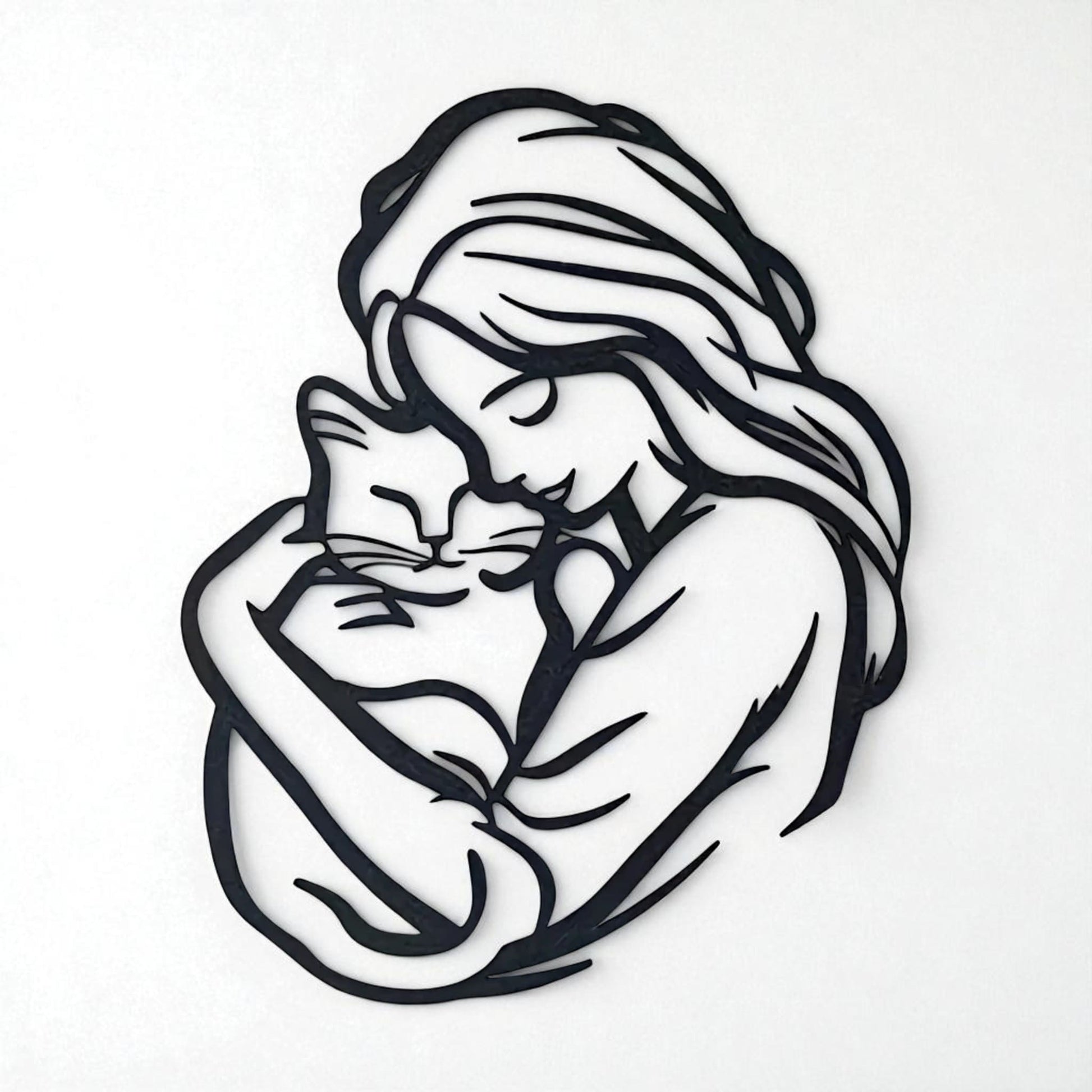 Cat Lover Metal Wall Art – Woman Hugging Cat Silhouette